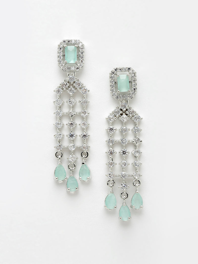 Rhodium-Plated with Silver-Tone Sea Green American Diamonds-Studded Handcrafted Jewellery Set