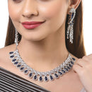 Rhodium-Plated with Silver-Tone Navy Blue American Diamond Studded Crescent Design Jewellery Set