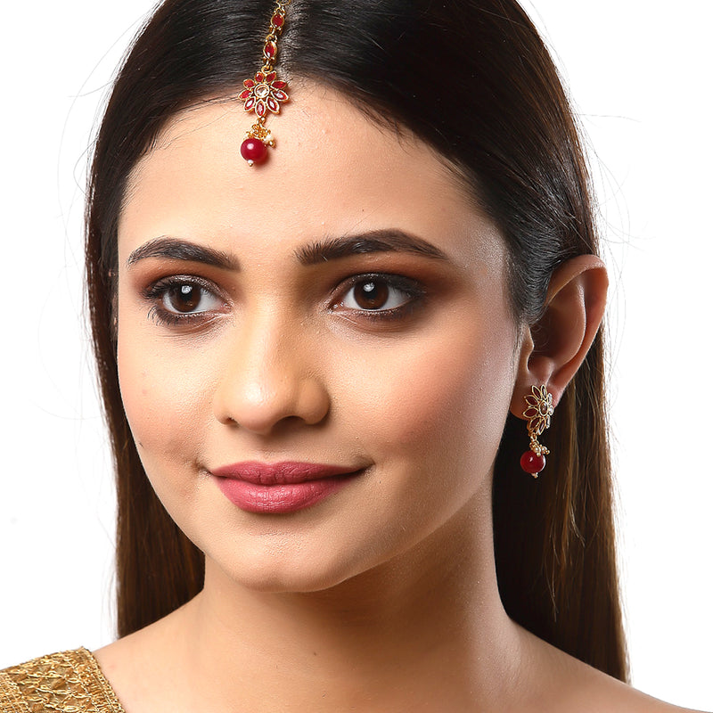Gold Plated Floral Red Pearl Maang Tikka & Earring Set