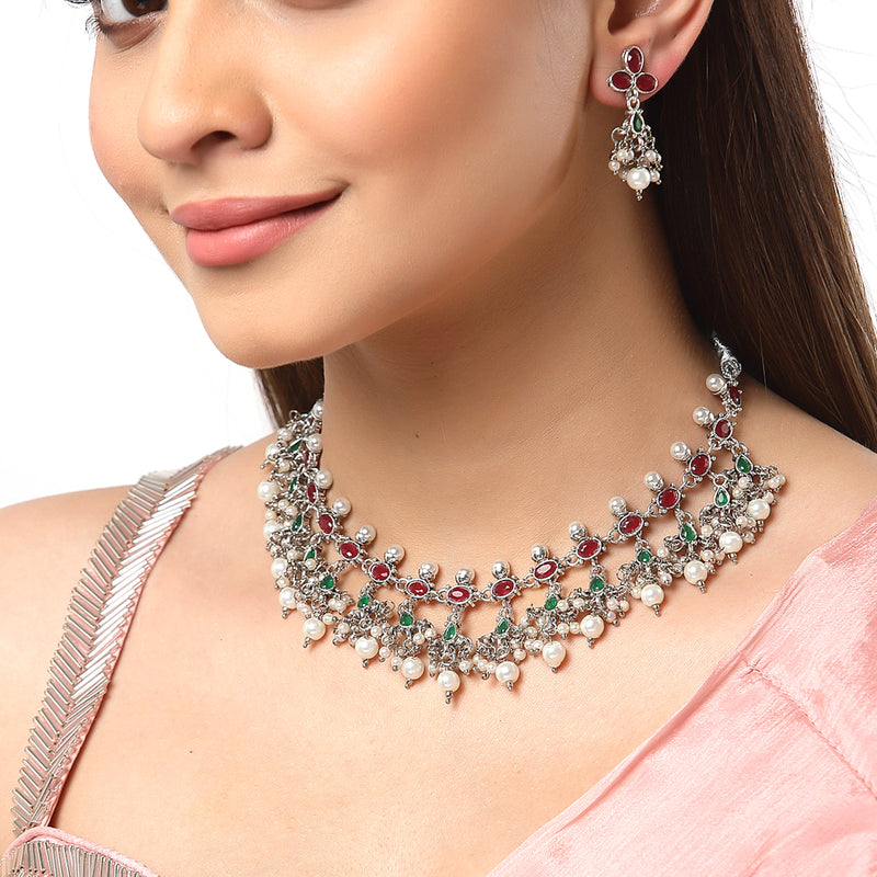 Rhodium-Plated with Oxidised Silver-Tone Red Green and White Kundan Studded Jewellery Set