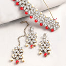 Gold Plated Royal Crafted Stones Studded And Red And Pearl Beads Flower Shaped Necklace Set With  Maang Tikka And Earrings