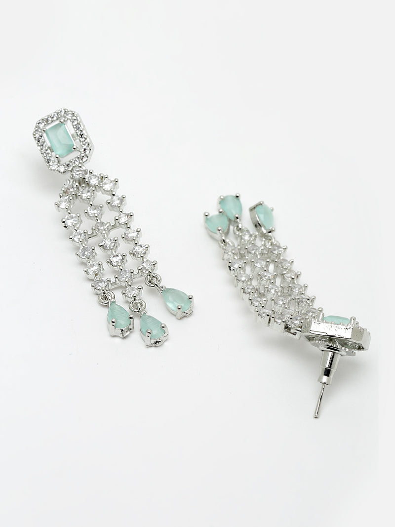 Rhodium-Plated with Silver-Tone Sea Green American Diamonds-Studded Handcrafted Jewellery Set