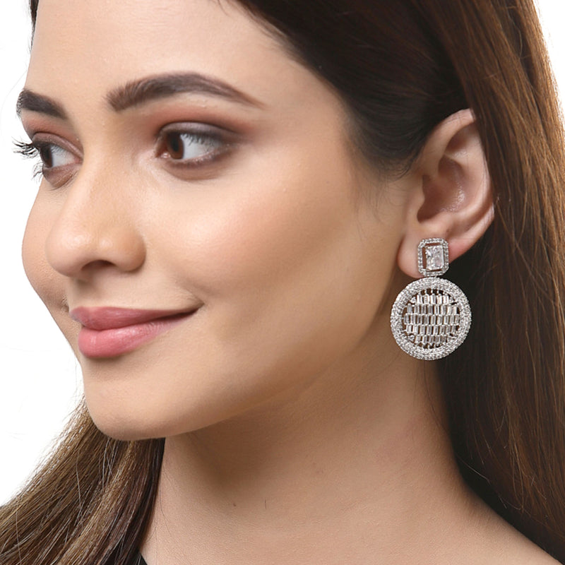 White American Diamond Studded Geometric Shaped Rhodium-Plated with Silver-Tone Drop Earrings
