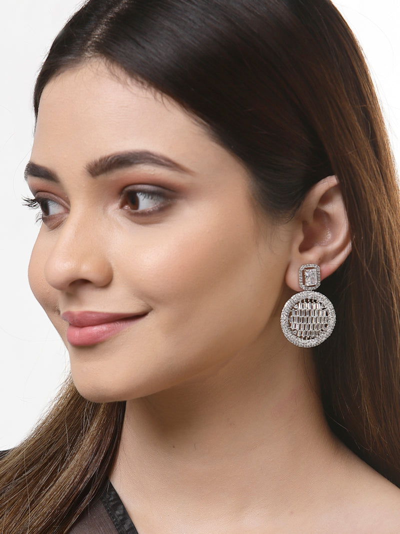 White American Diamond Studded Geometric Shaped Rhodium-Plated with Silver-Tone Drop Earrings