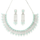 Rhodium-Plated with Silver-Tone Sea Green American Diamonds-Studded Handcrafted Jewellery Set