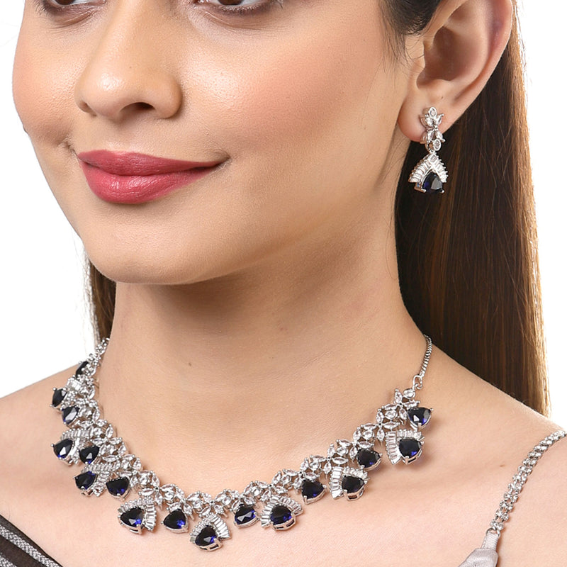 Rhodium-Plated with Silver-Tone Navy Blue American Diamond Studded Handcrafted Jewellery Set