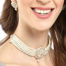 Rhodium-Plated with Silver-Tone White Stone-Studded Pearl-Beaded Jewellery Set