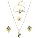 Gold Plated American Diamond And Emerald Green Crystal Necklace Set With Pendant, Earring And Ring