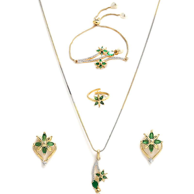 Gold Plated American Diamond And Emerald Green Crystal Necklace Set With Pendant, Earring And Ring