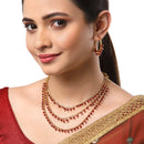 Gold-Plated Red Pearl Drop Intricate Layered Necklace with Hoop Earrings Set
