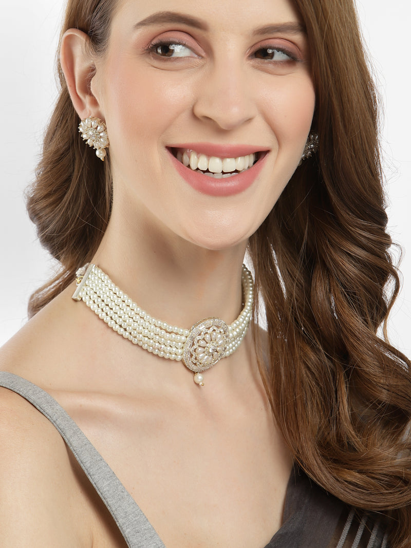 Rhodium-Plated with Silver-Tone White Stone-Studded Pearl-Beaded Jewellery Set