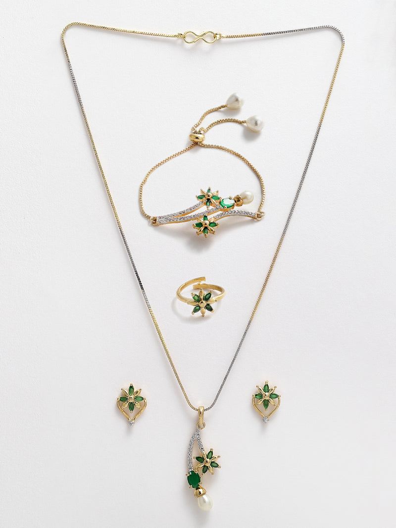 Gold Plated American Diamond And Emerald Green Crystal Necklace Set With Pendant, Earring And Ring