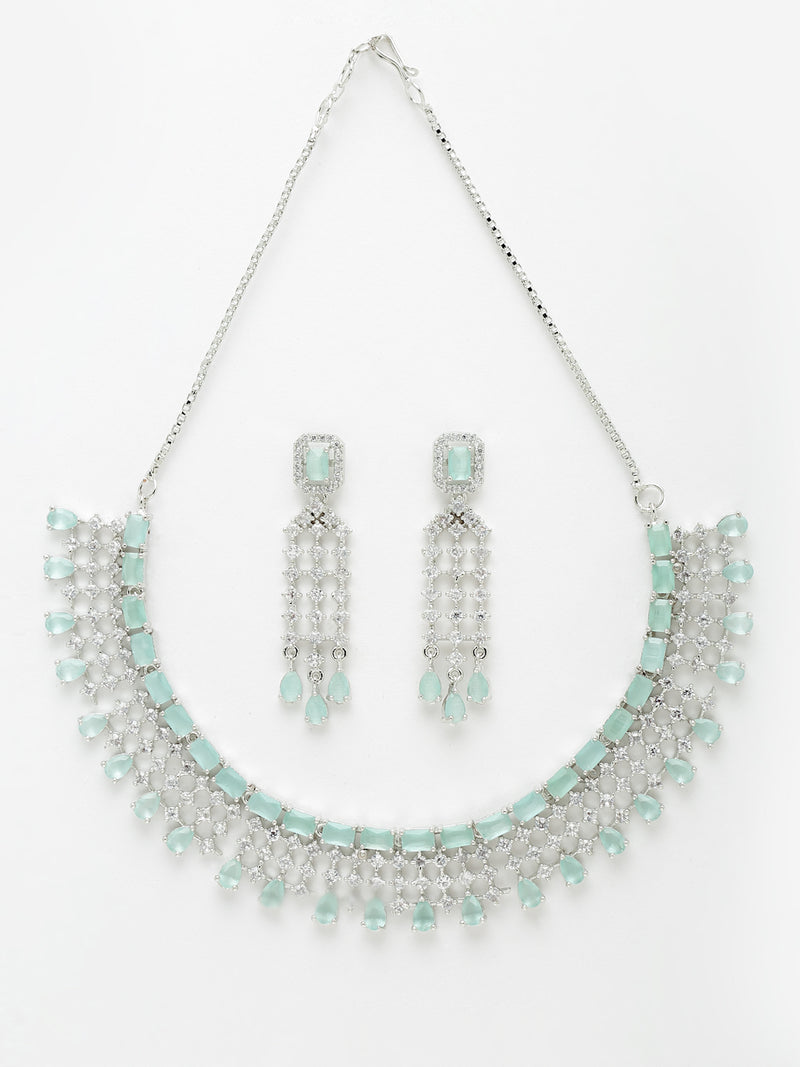 Rhodium-Plated with Silver-Tone Sea Green American Diamonds-Studded Handcrafted Jewellery Set