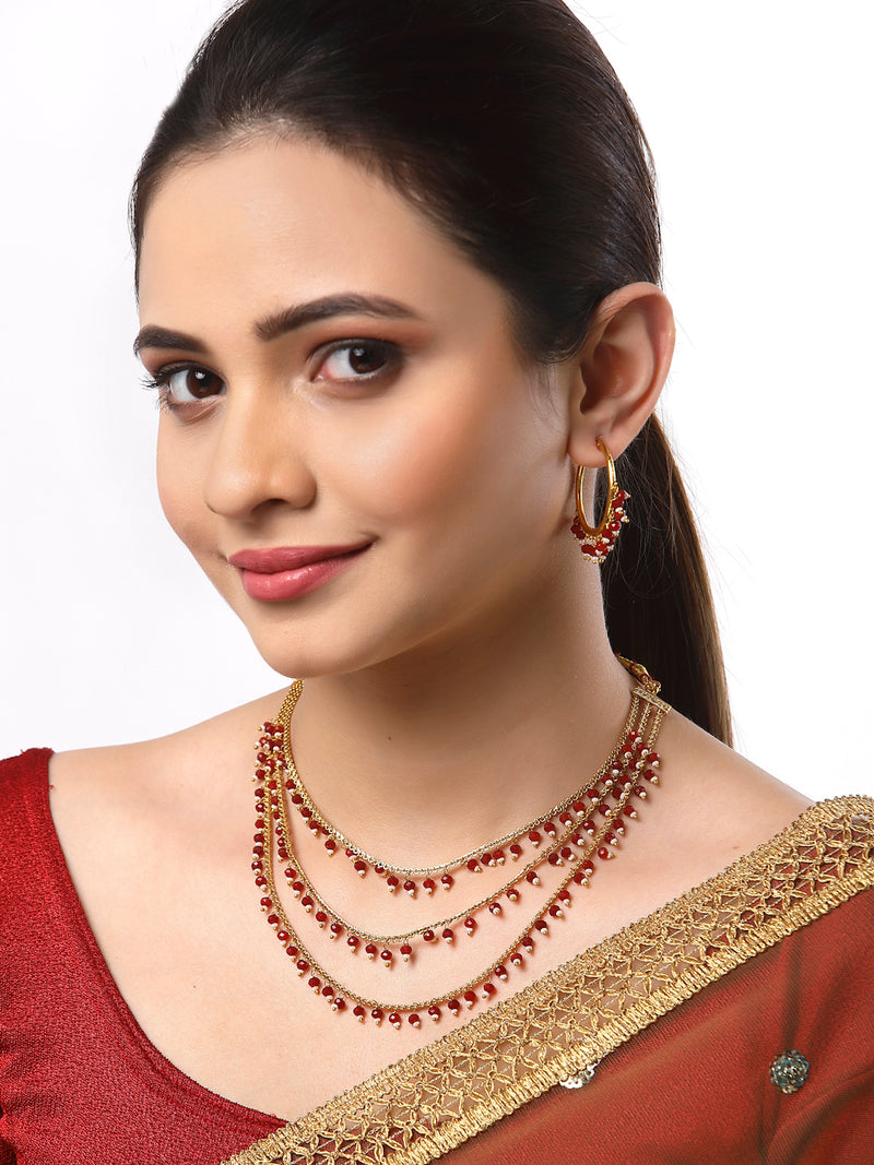 Gold-Plated Red Pearl Drop Intricate Layered Necklace with Hoop Earrings Set