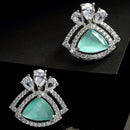 Sea Green American Diamond Triangular Shaped Rhodium-Plated with Silver-Tone Studs Earrings