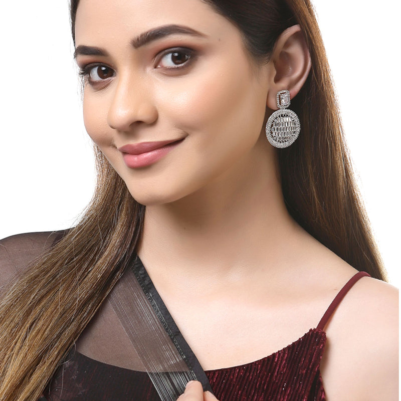 White American Diamond Studded Geometric Shaped Rhodium-Plated with Silver-Tone Drop Earrings