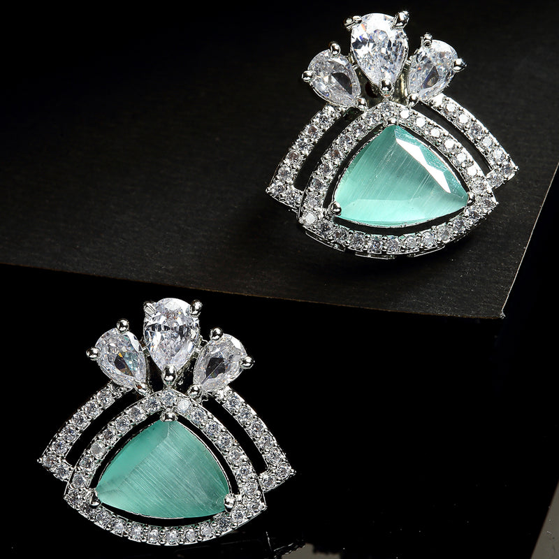 Sea Green American Diamond Triangular Shaped Rhodium-Plated with Silver-Tone Studs Earrings