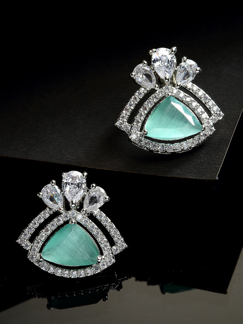 Sea Green American Diamond Triangular Shaped Rhodium-Plated with Silver-Tone Studs Earrings