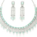 Rhodium-Plated with Silver-Tone Sea Green American Diamonds-Studded Handcrafted Jewellery Set