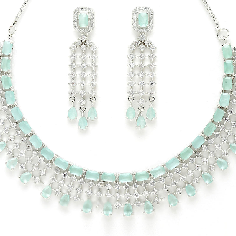 Rhodium-Plated with Silver-Tone Sea Green American Diamonds-Studded Handcrafted Jewellery Set