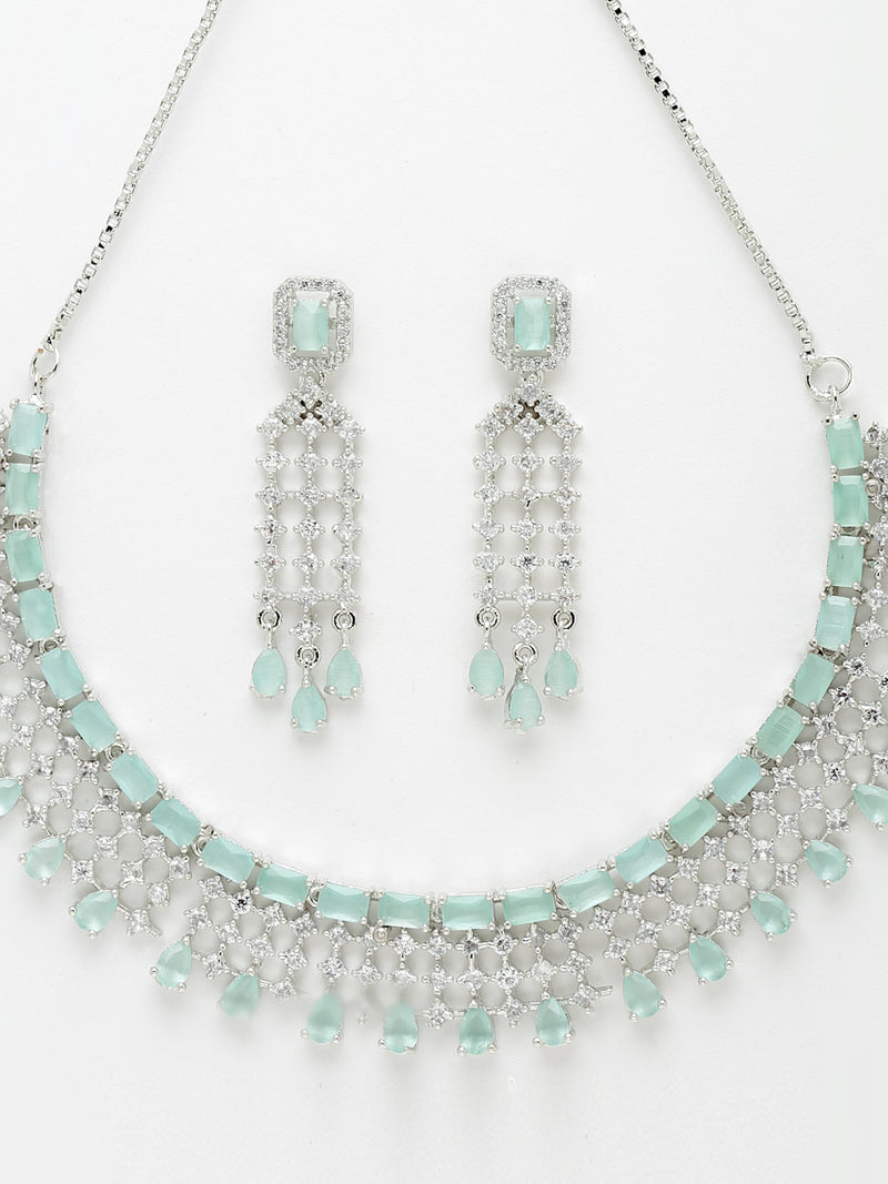 Rhodium-Plated with Silver-Tone Sea Green American Diamonds-Studded Handcrafted Jewellery Set