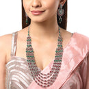 Rhodium-Plated with Silver-Tone Green & Red Kundan-Studded Layered Jewellery Set