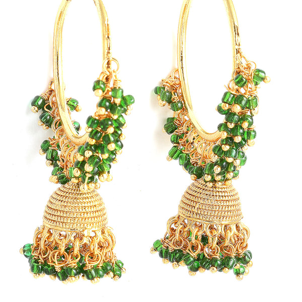 Green Dome Shaped Jhumkas Earrings with Gold-Toned Copper