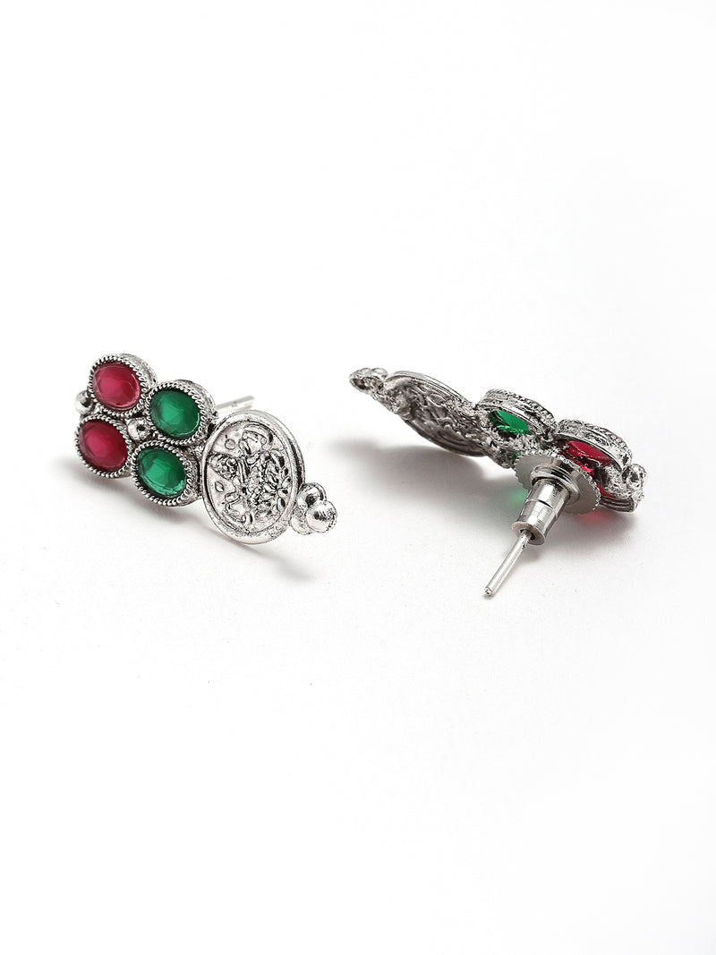 Rhodium-Plated with Oxidised Silver-Tone Green & Red Kundan Studded Handcrafted Jewellery Set