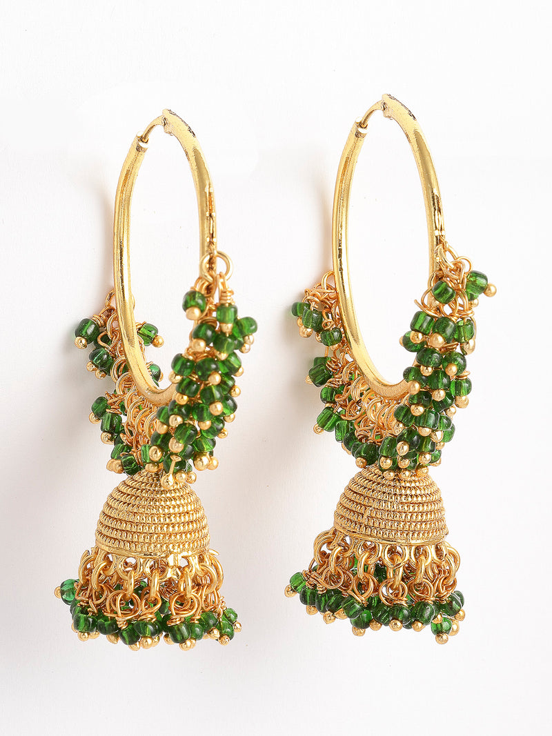 Green Dome Shaped Jhumkas Earrings with Gold-Toned Copper