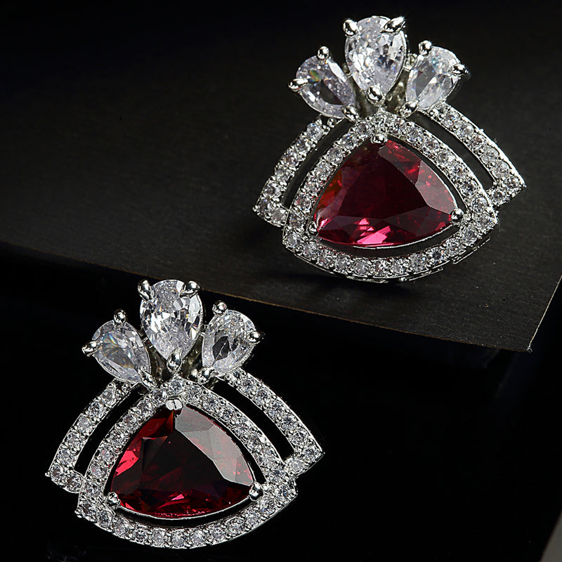 Red American Diamond Triangular Shaped Rhodium-Plated with Silver-Tone Studs Earrings