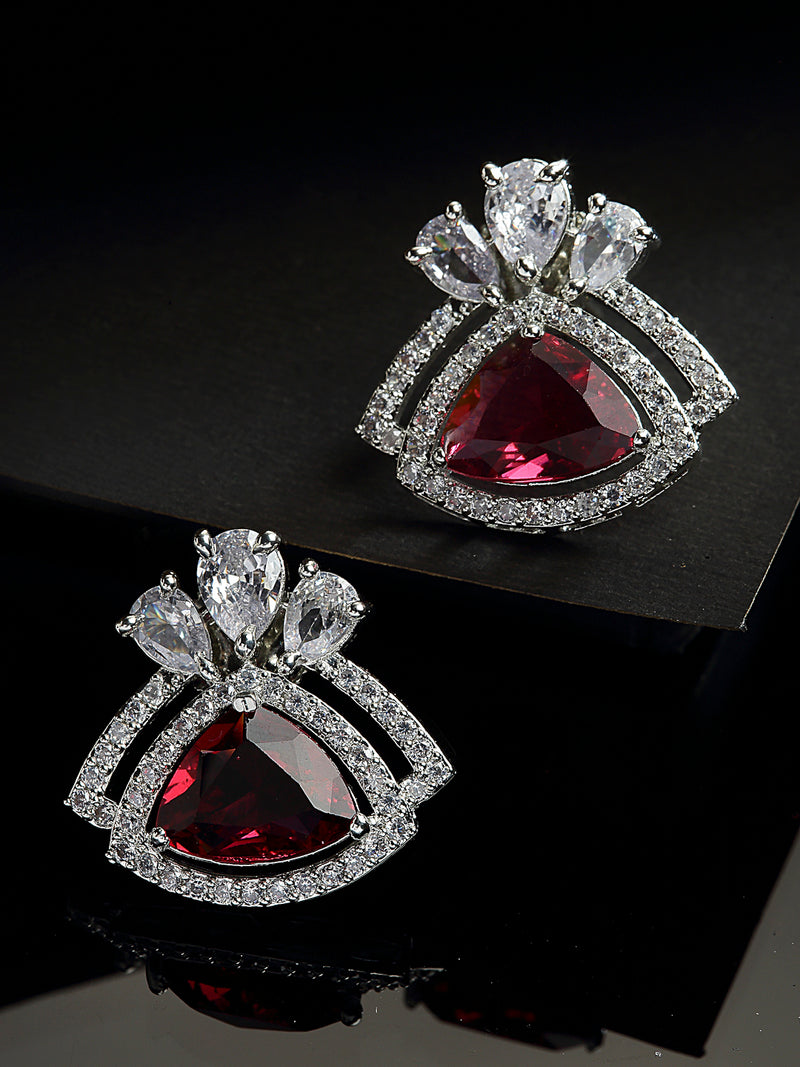 Red American Diamond Triangular Shaped Rhodium-Plated with Silver-Tone Studs Earrings