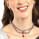 Rhodium-Plated with Oxidised Silver-Tone Red Studded & Pearl Beaded Jewellery Set
