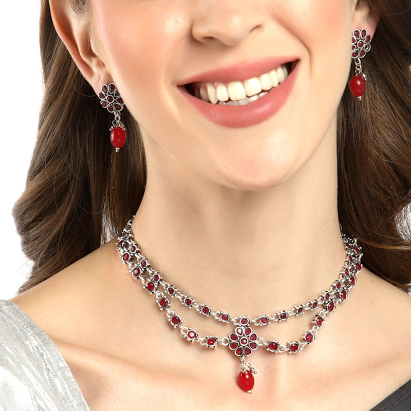 Rhodium-Plated with Oxidised Silver-Tone Red Studded & Pearl Beaded Jewellery Set