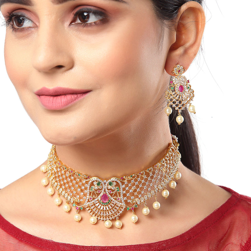 Floral Design Gold-Plated White Red and Green American Diamond-Studded & Drop Pearl Beaded Jewellery Set