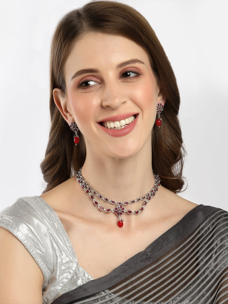 Rhodium-Plated with Oxidised Silver-Tone Red Studded & Pearl Beaded Jewellery Set