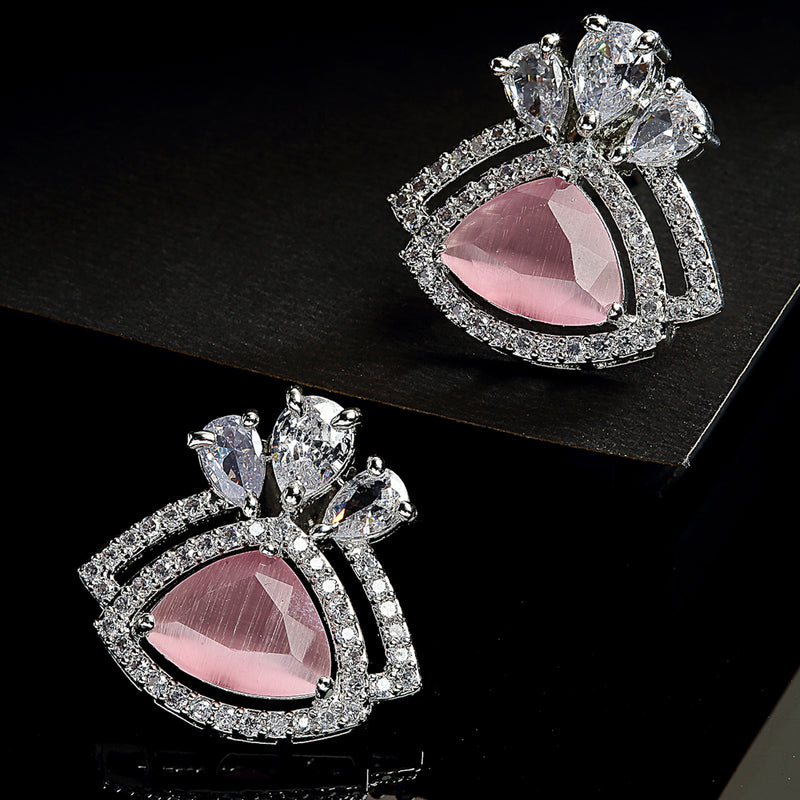Pink American Diamond Triangular Shaped Rhodium-Plated with Silver-Tone Studs Earrings