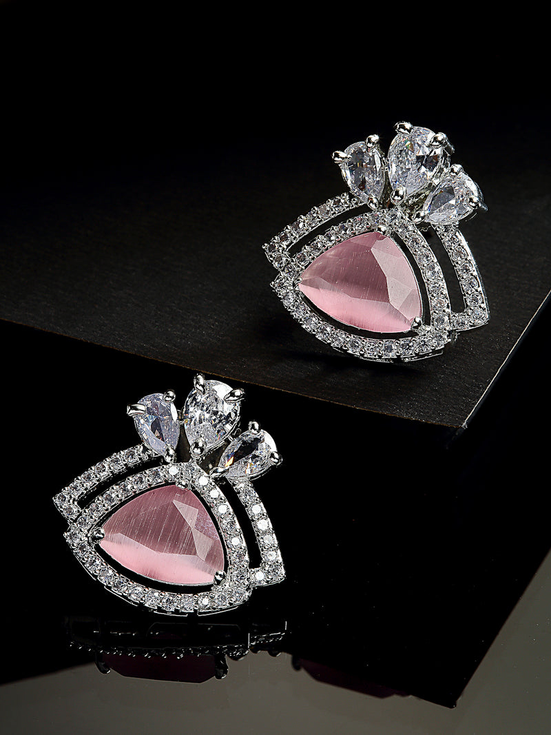 Pink American Diamond Triangular Shaped Rhodium-Plated with Silver-Tone Studs Earrings