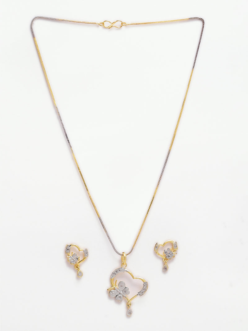 Heart and Peacock Shape Set Of 3 Gold-Plated Silver-Tone Cubic Zirconia Studded Pendant with Chain & Earring