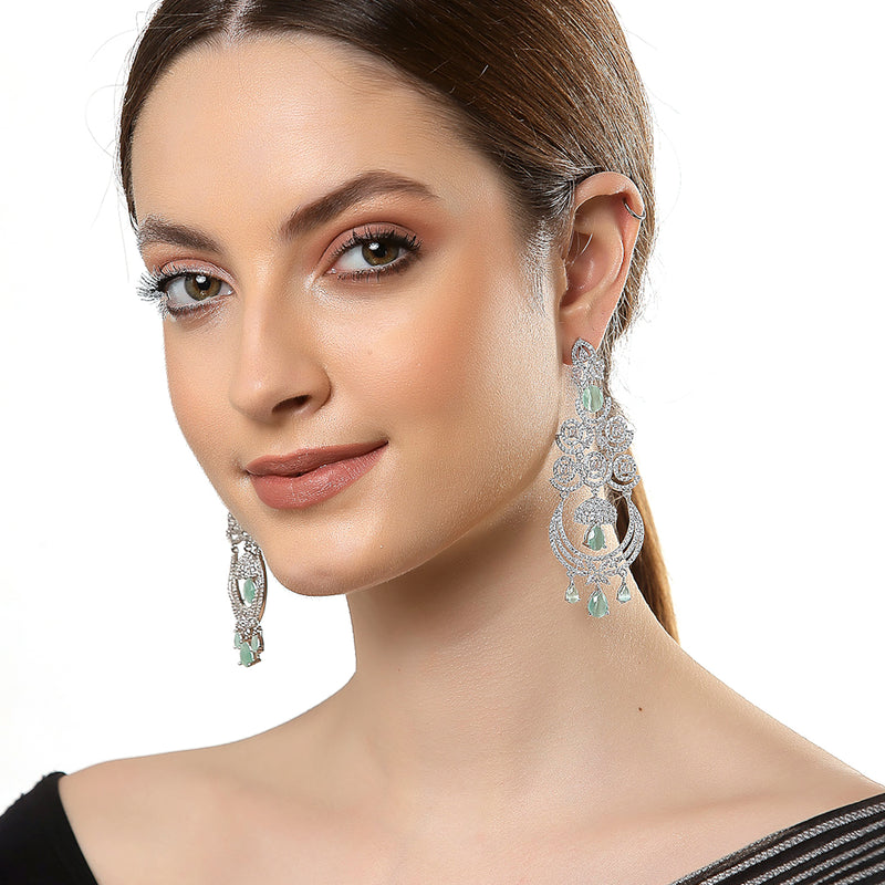 Sea Green & White Rhodium-Plated with Silver-Tone American Diamond Studded Chandelier Earrings