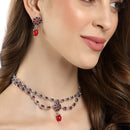 Rhodium-Plated with Oxidised Silver-Tone Red Studded & Pearl Beaded Jewellery Set