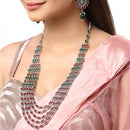 Rhodium-Plated with Silver-Tone Green & Red Kundan-Studded Layered Jewellery Set