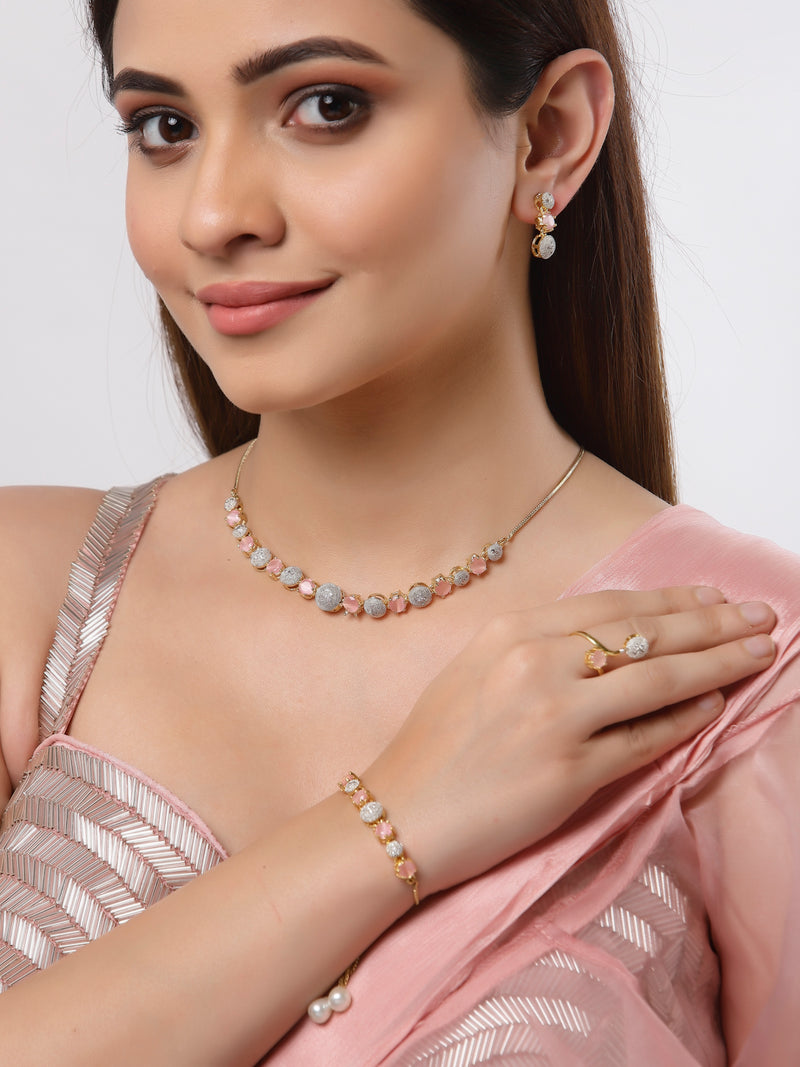 Gold-Plated Silver-Toned Pink & White American Diamond Studded & Beaded Jewellery Set Combo