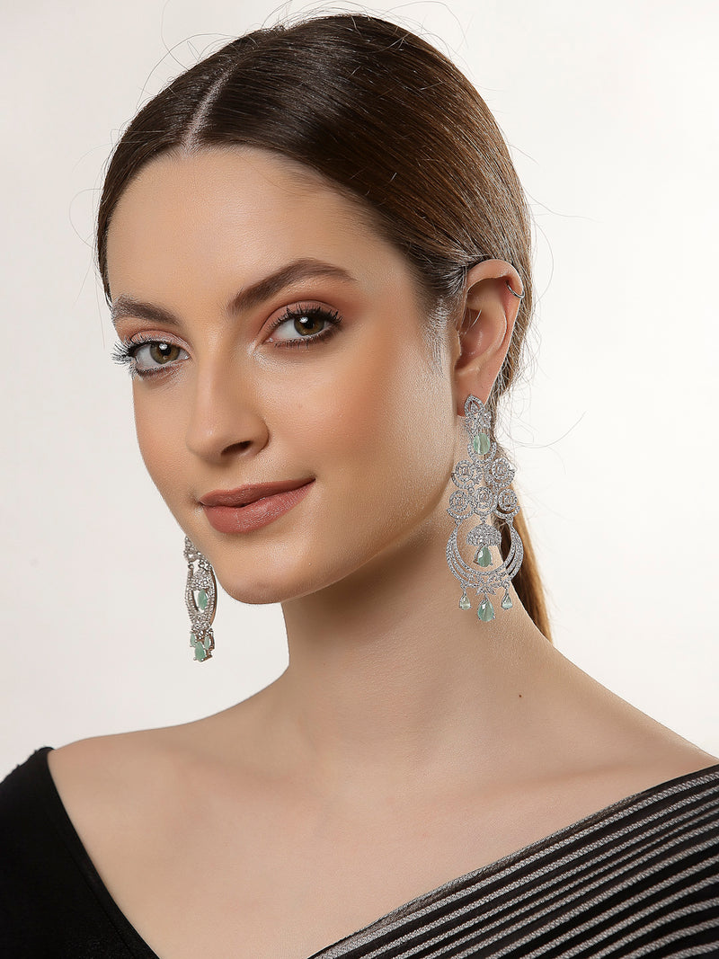 Sea Green & White Rhodium-Plated with Silver-Tone American Diamond Studded Chandelier Earrings