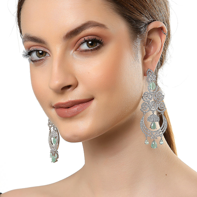 Sea Green & White Rhodium-Plated with Silver-Tone American Diamond Studded Chandelier Earrings