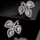 Rhodium-Plated with Silver-Toned Pink American Diamond Leaf Shaped Studs Earrings
