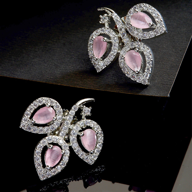 Rhodium-Plated with Silver-Toned Pink American Diamond Leaf Shaped Studs Earrings