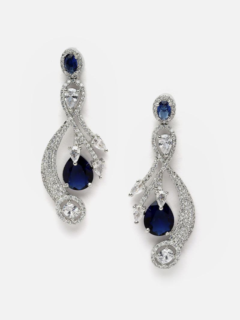 Rhodium-Plated Navy Blue American Diamond studded Quirky Shaped Drop Earrings