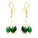 Gold-Plated Green & White Pearl Beaded 5 Layered Necklace with Drop Earrings Jewelry Set