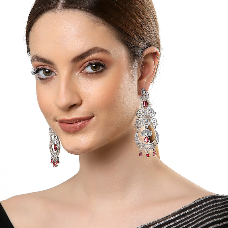 Red & White Rhodium-Plated with Silver-Tone American Diamond Studded Chandelier Earrings