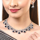 Rhodium-Plated with Silver-Tone Navy Blue American Diamond Studded Handcrafted Jewellery Set